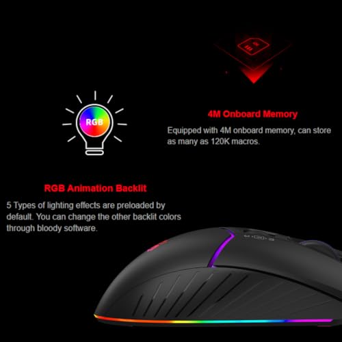 Image of Bloody W95BR Max Extra Fire Gaming Mouse - 12,000 CPI, BC3332-A Sensor, 2000 Hz Report Rate, 4M Onboard Memory, RGB Backlit, Adjustable LOD, Precision Control, Ergonomic Design