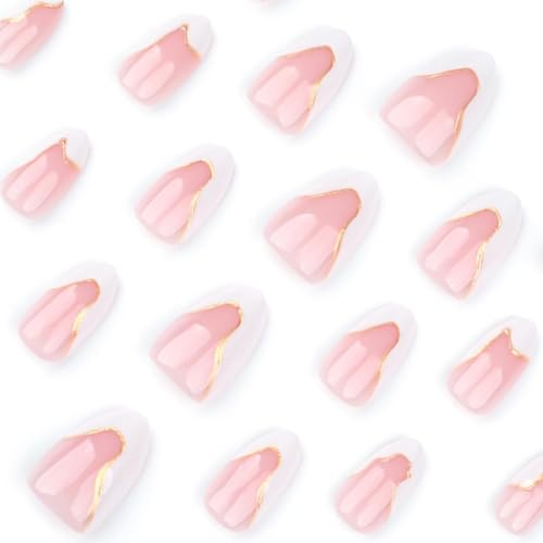 Image of White Nail Press ons French Tip Press on Nails Gold Line Fake Nails Short Almond False Nails Glossy Glue on Nails Reusable Artificial Acrylic Full Cover Stick on Nails for Women Girls Manicure 24Pcs