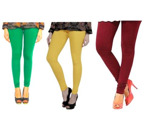 Image of Women & Girls chudidaar Tight Leggings Pack of 3-Leaf Green, Lemon Yellow & Maroon-S(RL-FUL-LEG-PACK-2128 AZ S PT Tight)