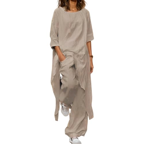 2 Piece Cotton Set for Women Long Sleeve Irregular Pullover Linen Shirt Fall Casual Wide Leg Pants Suit