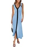 Picture of Saodimallsu Womens Summer Button Down Sweater Dresses Sleeveless V Neck Casual Ribbed Knit Color Block Long Tank Dress Sky Blue
