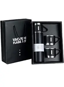 Limbjal Double Wall Stainless Steel Thermo 500ml Vacuum Insulated Bottle Water Flask Gift Set with Two Cups Hot & Cold | Assorted Color | Diwali Gifts for Employees | Corporate Gift Items