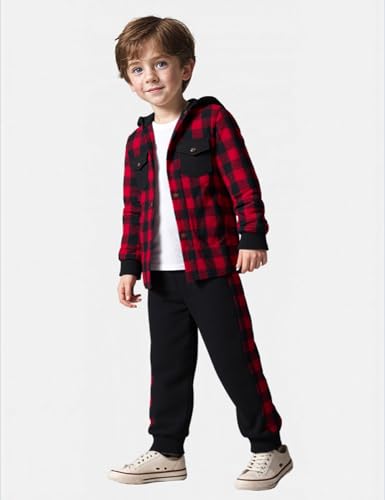 Image of Toddler Boy Clothes Plaid Hooded Shirt White T-shirt Top and Solid Color Pants 3Pcs Winter Boys Clothes