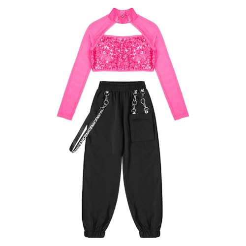 Kids Girls 2Pcs Dance Tracksuit Shiny Crop Top with Cargo Pants Outfits for Hip Hop Sports Dancewear3