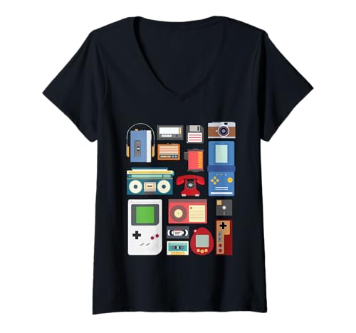 Femme Rétro / Vintage technologie des années 90 vieux gadgets cadeau T-Shirt avec Col en V