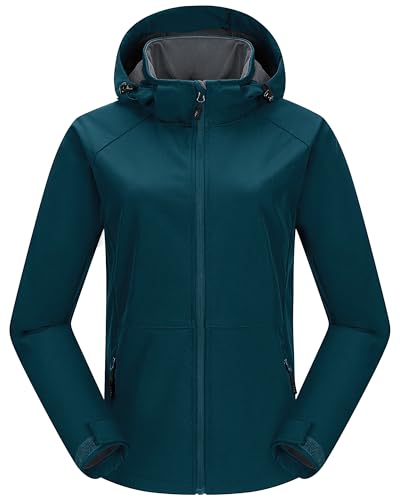 33,000ft Damen Softshelljacke mit Abnehmbarer Kapuze Wasserdichte Atmungsaktiv Fleece Gefütterte Winterjacke Winddichte Übergangsjacke Funktionsjacke zum Radfahren, Wandern, Petrolblau L