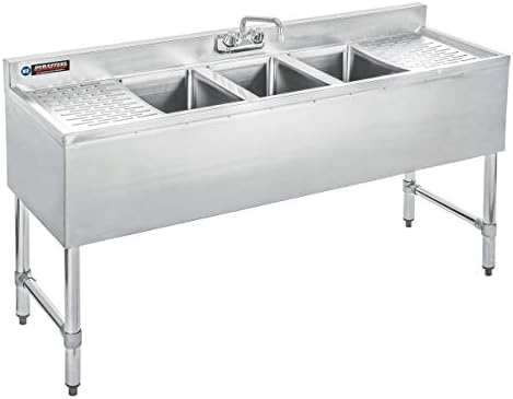 DuraSteel 3 Compartment Under Bar Sink - CEC & NSF 304 Stainless Steel 3 Bay Utility Sink with No Lead Faucet - 60" L x 19" W x 33" H - Double Drainboard Commercial Restaurant Grade