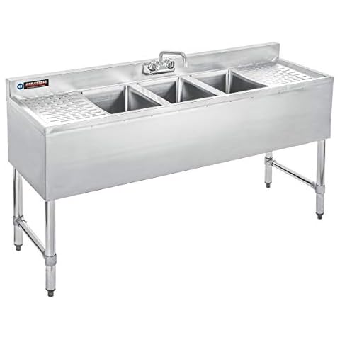 DuraSteel 3 Compartment Under Bar Sink - CEC & NSF 304 Stainless Steel 3 Bay Utility Sink with No Lead Faucet - 60" L x 19" W x 33" H - Double Drainboard Commercial Restaurant Grade Cover