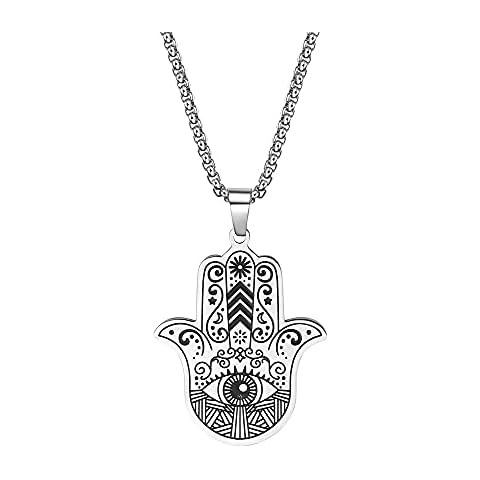 HAYOUWAY Hamsa Hand of Fatima Evil Eye Necklace Third Eye Necklace Stainless Steel Pendant Necklace Amulet Chain Jewelry for Women Men Silver Cover