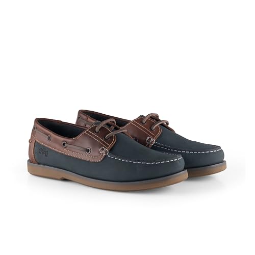 Catesby Hector Leather Mens Boat and Deck Shoes Lightweight Casual Summer Shoes, Navy Brown, UK 9