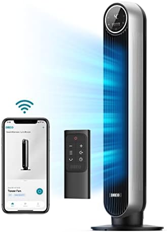 Dreo Nomad One S Alexa Fan, Quiet Tower Fan with Remote, 90° Oscillating Fan with Voice Control, 4 Modes, 4 Speeds, 8H Timer, Standing Cooling Fans for Bedroom Office, Silver, 36inch (DR-HTF007S)