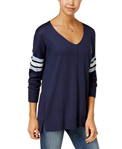 Juniors' Stripe-Detail Tunic Sweater (Blue Combo, L)