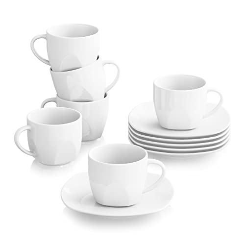 MALACASA, Serie Elisa, 12tlg. Set Cremeweiß Porzellan Kaffeeservice Kaffeebecher Set, Kaffeetassen mit Untertassen für 6 Personen für Kaffee, Tee, Desserts