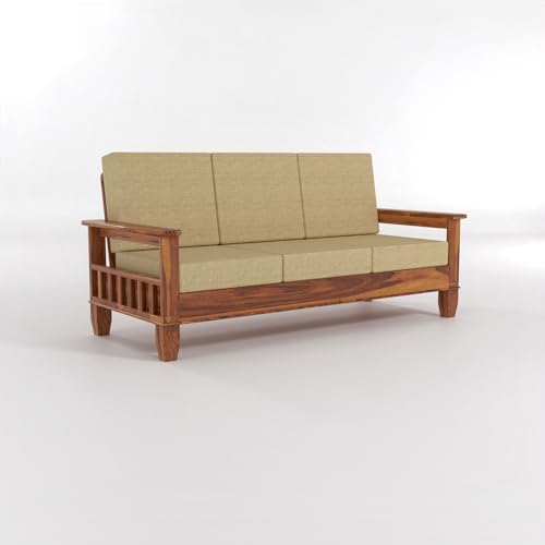 Image of Sheesham Wooden 3 Seater Sofa for Living Room | Rosewood Cushion Sofa with Side Newspaper Holder for Home & Office | Solid Wood Sofa Set for Lounge (Honey, 3 Seater)