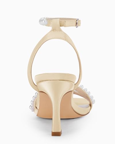 Image of Coutgo Womens Pearl Kitten Heels Sandals Square Open Toe Dress Sandals Ankle Strap Satin Wedding Party Summer Sandals