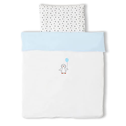 Koru Kids® Ropa de Cama Infantil de pingüino de 100 x 135 cm, diseño de pingüino Bordado, Juego de 2 Piezas con Funda de Almohada de 40 x 60 cm, Jersey Suave, 100% algodón, Fabricado en Belgium Cover