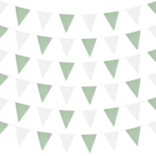Image of Zwiebeco 39Ft Green White Fabric Bunting Banner Triangle Flags Hanging Cotton Garland Pennant for Spring Tea Party Birthday Wedding Baby Shower Outdoor Garden Decorations 42PCS