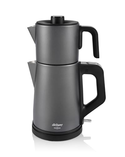 Arzum AR3130 Deminde Teemaschine, Grau, 1800W Elektrischer Teebereiter mit 1,8 Liter Wassertank und 1,2 Liter Glaskanne, Doppelheizsystem und Warmhaltefunktion