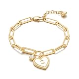 MYEARS Valentines Day Gifts for Women - Gold Initial Bracelets for Women Trendy 14K Gold Plated Heart Letter A-Z Charm Bracelets Paperclip Chain Personalized Jewelry Birthday Gifts for Her - Letter S