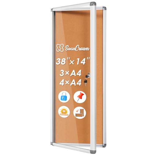 SWANCROWN 38x14 in Enclosed Bulletin Board, Lockable Cork Noticeboard 4xA4