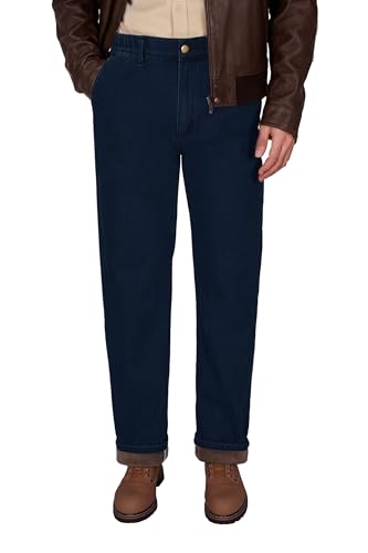 Soojun Mens Elastic Waist Fleece Lined Jeans Relaxed Fit with Zipper and Button
