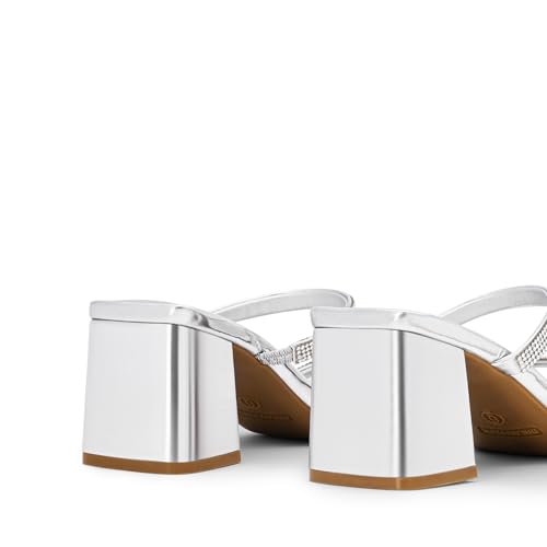DREAM PAIRS Sandal Heels for Women Low Square Open Toe Block Chunky Heels Slip On Slides Mules for Party Homecoming Daily,Size 7.5,Shiny Silver,DWUMSS2516