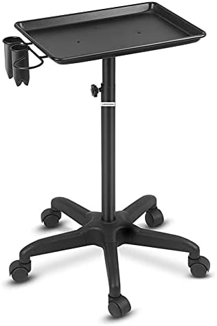 Salon Tray on Wheels, Tattoo Tray, CAKMSMAO Aluminum Beauty Rolling Salon Tray Station, Adjustable Height Mobile Folding Storage Salon Trolley (Black)