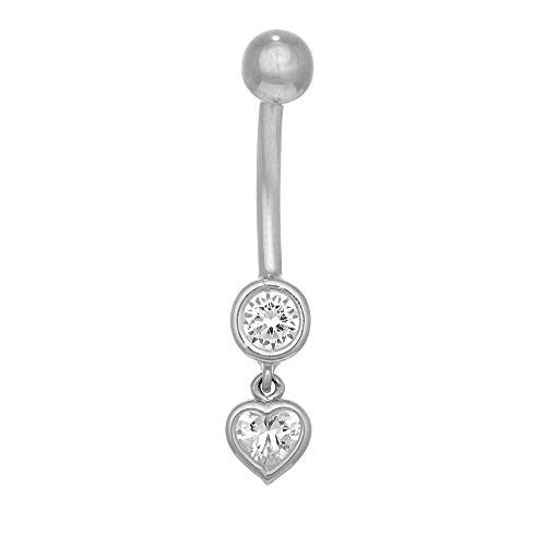14k Solid Gold White Belly Dangle Heart Bezel CZ Navel Ring Body Jewelry, 1gr.