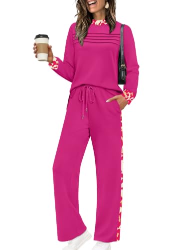 Image of WIHOLL Two Piece Sets for Women Fall Travel Vacation Outfits 2026 Long Sleeve Lounge Sets Side Slit Wide Leg Pants XS-3XL
