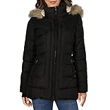 LARRY LEVINE Women's Short Puffer W/Curved Quilting & Detachable Faux-Fur Trimmed Hood, Black,...