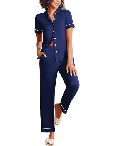 Image of Ekouaer Womens Pajama Sets 2 Piece Button Down Short Sleeve Pjs Set Soft Lounge Set with Long Pants S-XXL