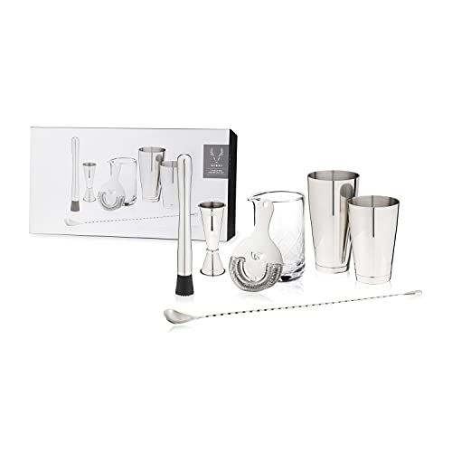 Viski Metallic Cocktail Shaker Set 7Pcs Kit, Drink Mixers For Cocktails Gift Essentials: Tin On Tin Shaker, Mixing Glass, Hawthorne Strainer, Double Jigger, Muddler And Barspoon #TOP4