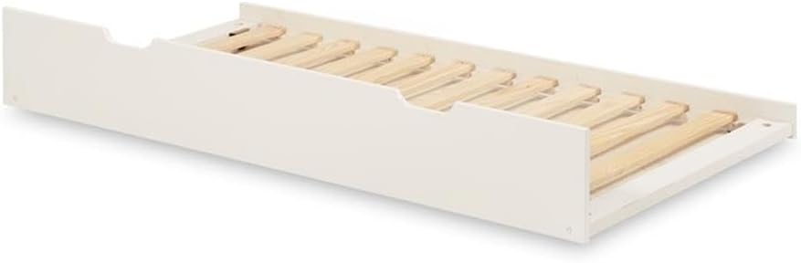 Pemberly Row White Twin Size Platform Bed with Twin Trundle, Solid Wood Construction, Mission Style Headboard, Child Safe Finish, Includes Slat Roll Foundation, Kids Bedroom Sleeping Solution