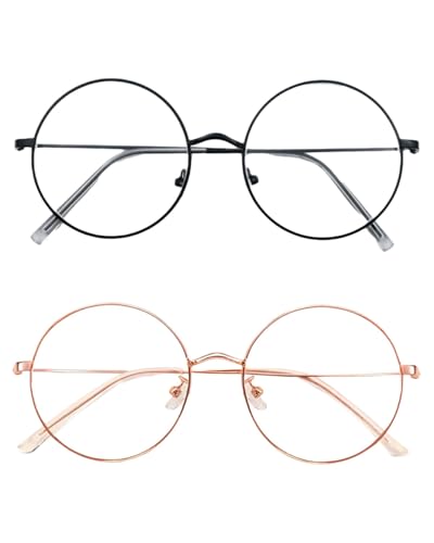 KEMUZ 2 Pares Gafas Luz Azul, Gafas Bloqueo Luz Azul Redonda Retro, Gafas de Luz Azul Hombres y Mujeres, Estilo de Moda Gafas de Montura Redonda, Apto para adultos y niños (Negro + Oro rosa)