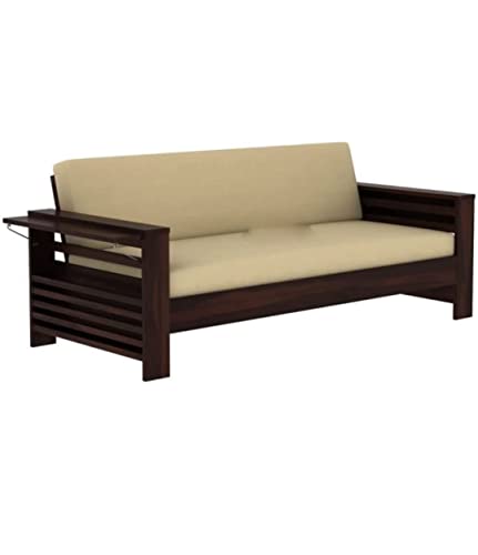 Image of Solid Wooden Sofa Set 3 Seater Furniture, Wood 3 Seater Sofa Set, Teak Wood Furniture Sofa Set 3 Seater for Home Living Room with Cushions Wooden Sofa Set, Mahogany Finish