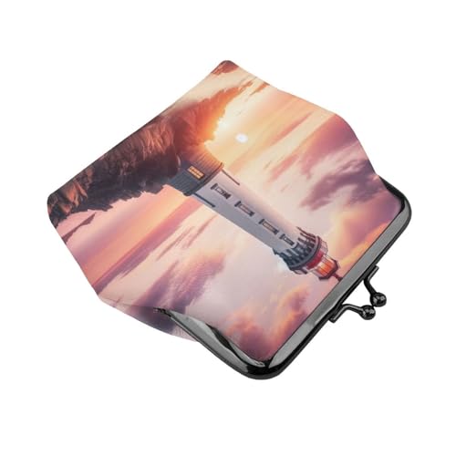 Pu Leather Buckle Coin Purse Lighthouse-Sunset-Ocean-Sea Girls Kiss-Lock Change Purse Wallets3
