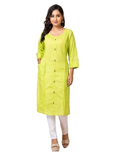 Image of Susmita Gift House Women's Slub Cotton Round Neck 3 /4 Sleeves Front Button Solid Kurti