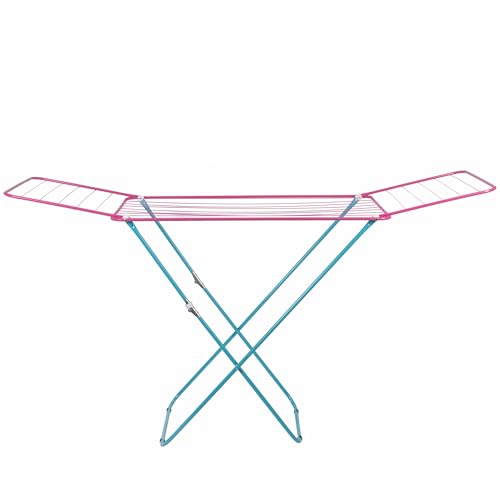 Torkställning i blå metall och fuchsia återförslutbar, lägger ut 2 tvättmaskiner, tvättställ ja