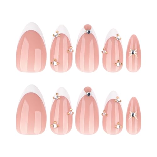 Image of White Press on Nails French Tip Fake Nails with Rhinestone Design Star Nail Press ons Medium Almond Stick on Nail Glossy Full Cover for Women Manicure 24Pcs