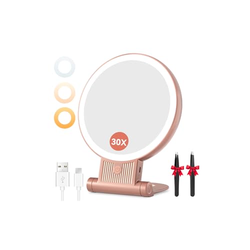 Auxmir Espejo Maquillaje con Luz 1X/30X Aumento Recargable y Colgable Pared