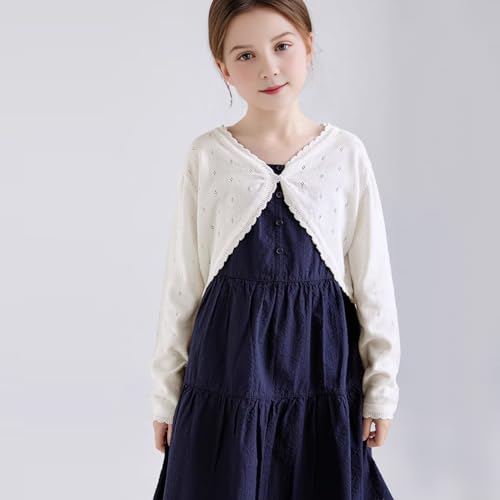 Hvididan Girls White Cardigan, Size 7-8 Girls Bolero Shrug Cardigan, Kids Knit Sweater Hollow Out Long Sleeve thumb #1