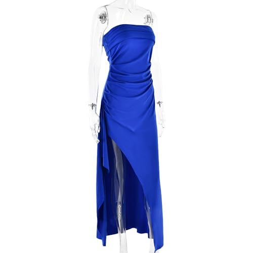 Image of Women's Sexy Strapless Backless High Split Long Maxi Dress Ruched Off Shoulder Sleeveless Bodycon Party Cocktail Dresses