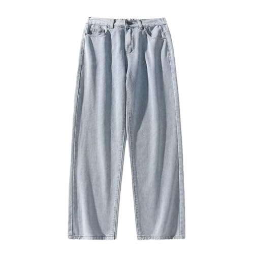 Men’S Korean Long Jeans Mid Waist Loose Fit Straight Leg Denim Pants Casual Style Zipper Fly Plaid Design Jeans