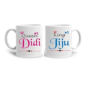 V Kraft Queen didi King jiju Unique Couple Matching Mug for Anniversary Rakhi Birthday Mug Set of 2 Ceramic Mug with…