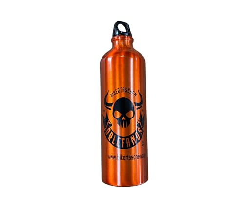 ORLETANOS Bouteille de carburant en aluminium - 800 ml - Orange - Motif tête de mort - Compatible avec Harley Davidson - Poche latérale - Sacoches de selle...