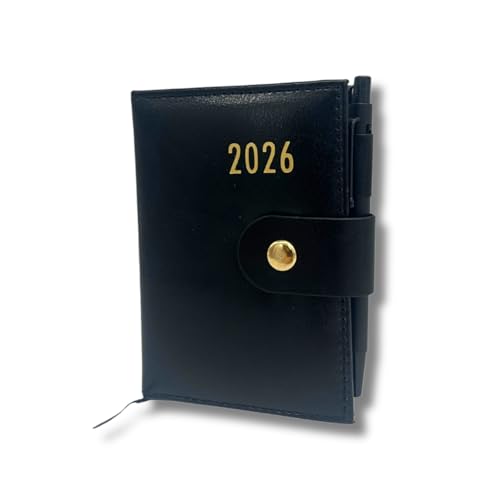 3 PAGEN® Taschenkalender 2026 A7 Klein - 8x11cm - Buchkalender 2026 aus Kunstleder – Wochenübersicht - Termin- & Wochen-Planer 2026 - inkl. Kugelschreiber - Schwarz