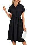 LYANER Women's Collar V Neck Button Front Tie Waist Short Sleeve Ruffle Hem Midi Dress Black Medium