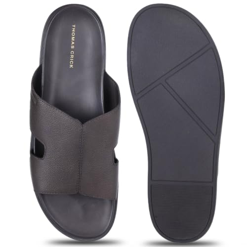 Image of Thomas Crick Men's Dune Genuine Leather Slides | Premium Open Toe Broad-Strap Casual Sandals with Contour TPR Sole, UK Size 6-11