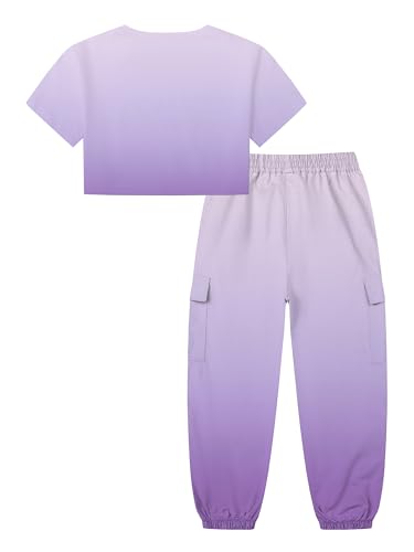 Image of Betusline Girls' Gradient Short Sleeve Crop Tops & Cargo Pants Set, Regular Fit,Perfect for Young Girl,Light Purple Gradient, 7-8 Years = Tag 140