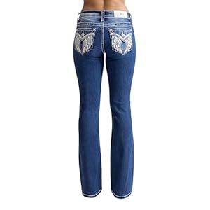 Miss Me Women’s Golden V Wings Faux Flap Pockets Mid-Rise Bootcut Jeans